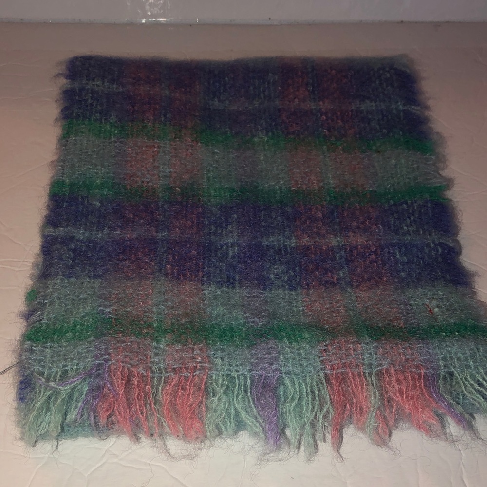Vintage John Hanly Mohair Blend Pastel Plaid Scarf - 68”x9.5”